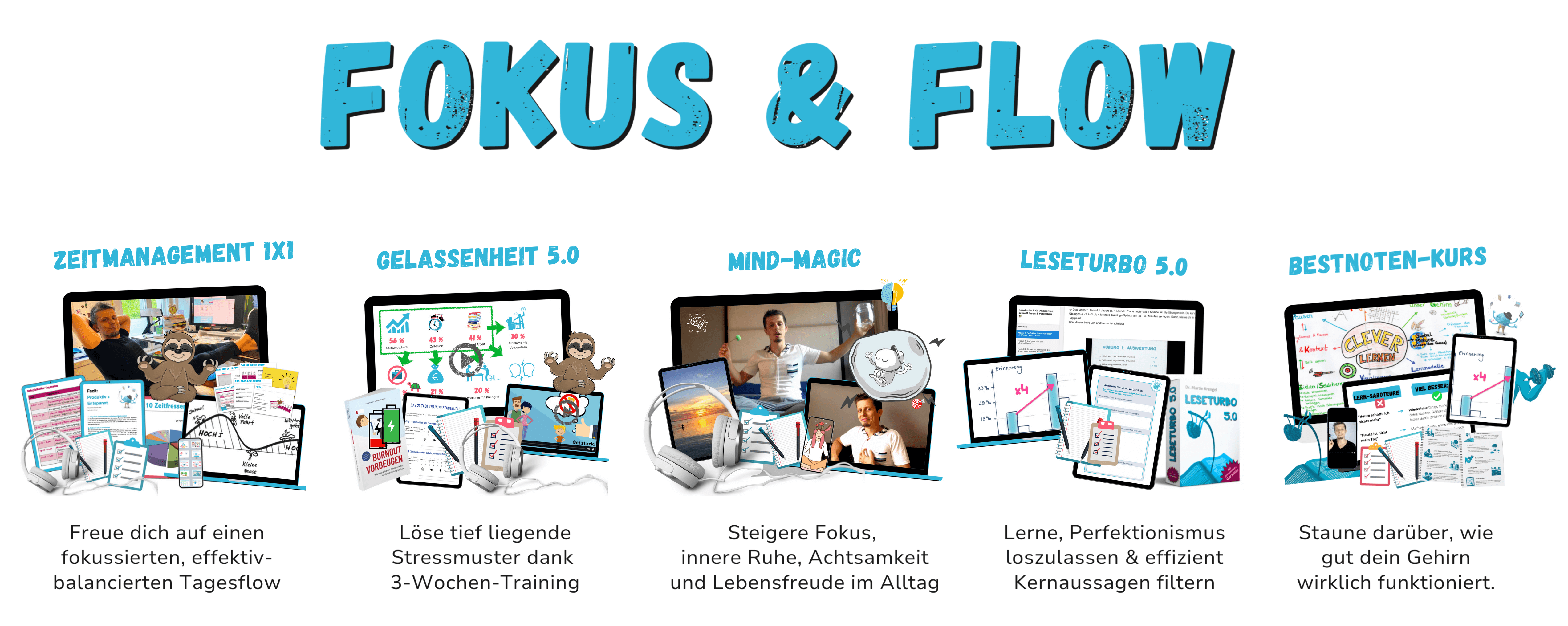 Fokus und Flow Megapaket v24- Zeitmanagement Gelassenheit Achtsamkeit Lernstrategien Motivation Kurs Seminar Vortrag